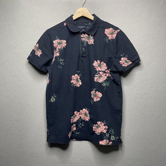 Abercrombie & Fitch Mens Floral Polo Shirt M Stretch Cotton Blend Navy - Picture 1 of 5